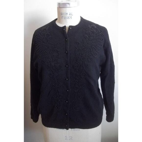 Vintage 50's Black Beaded Floral Print Cardigan Sweater 44 - Picture 1 of 9